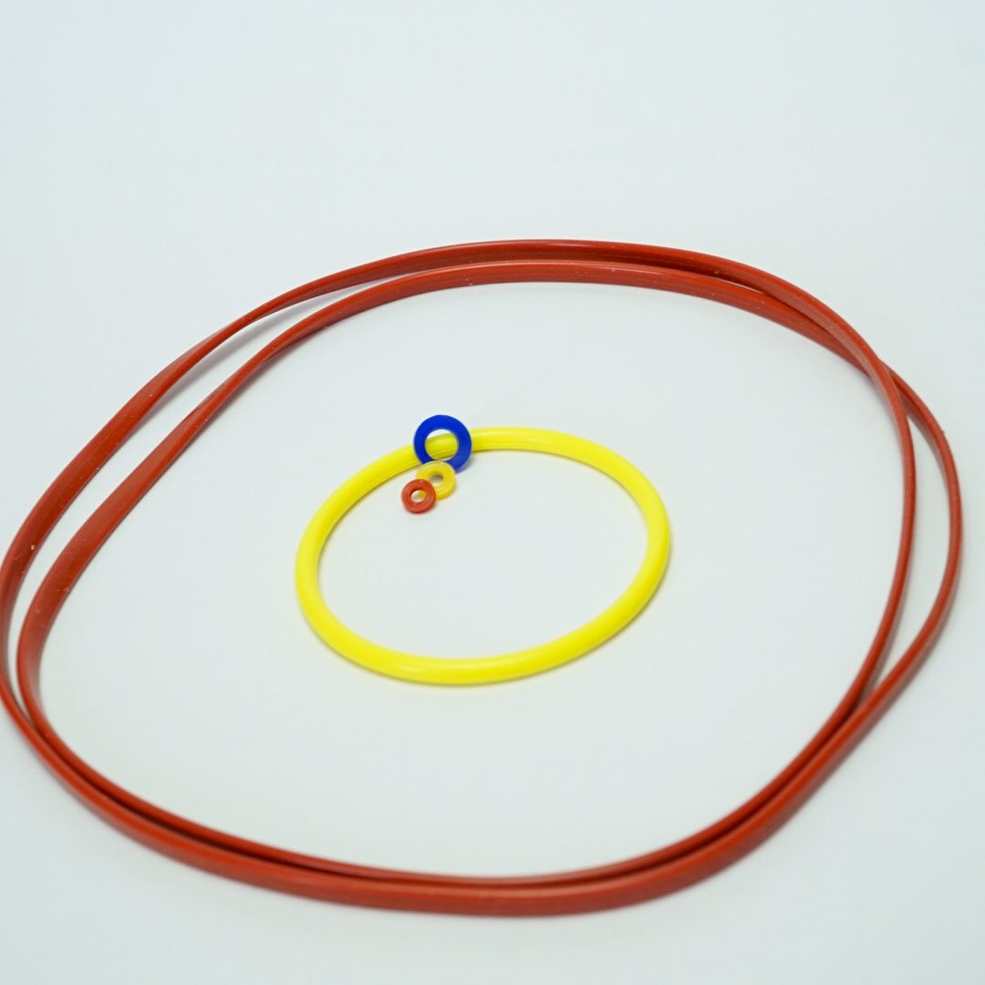 In einer roten Dichtschnur liegt ein gelber O-Ring auf dem drei kleine Dichtungen in gelb, rot und blau liegen